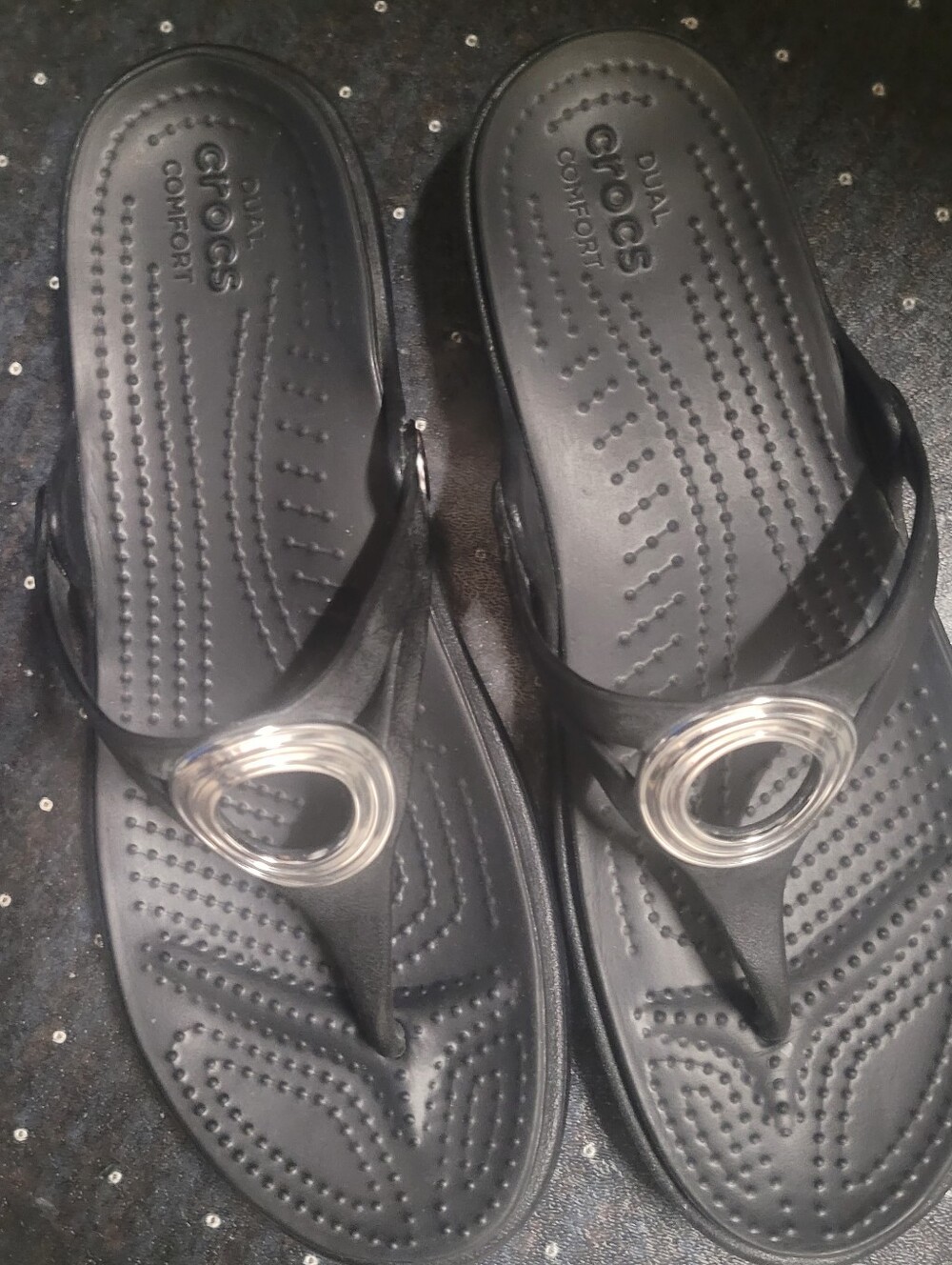 NWD Crocs Black Thong Sandals with Silver Accent - Picture 2 of 5